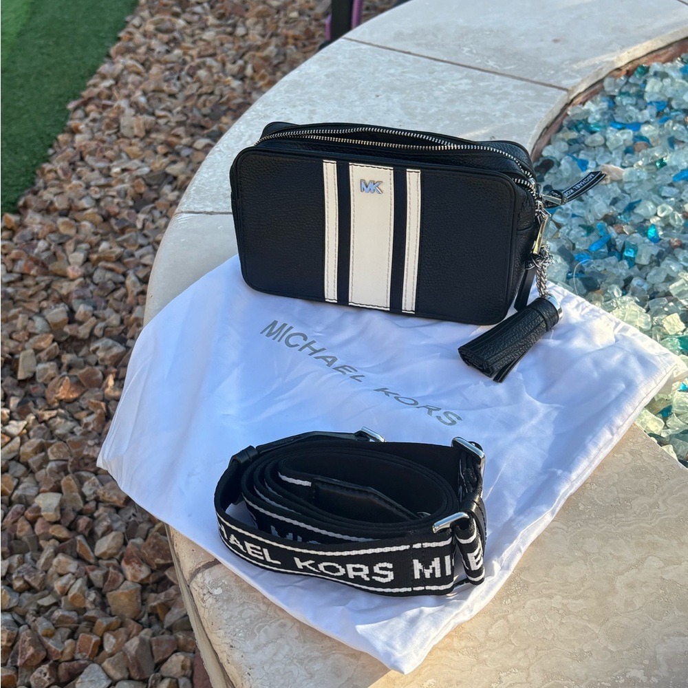 Michael Kors Black and White Stripe Camera Style Crossbody